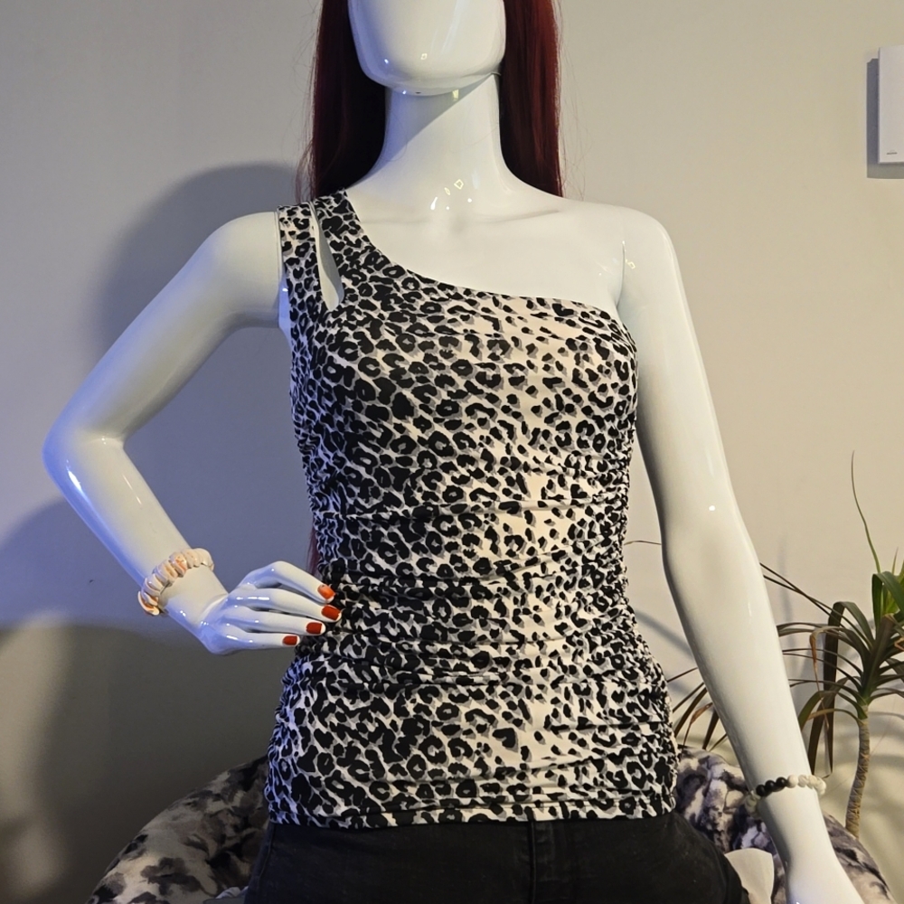 Leopard One-Shoulder Scrunch Dress ~ Y2K Alt Clubwear ~ Size XS